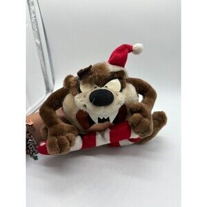 VTG 90s Taz Tasmanian Devil 6" Looney Tunes Santa Hat Candy Cane Christmas Toy